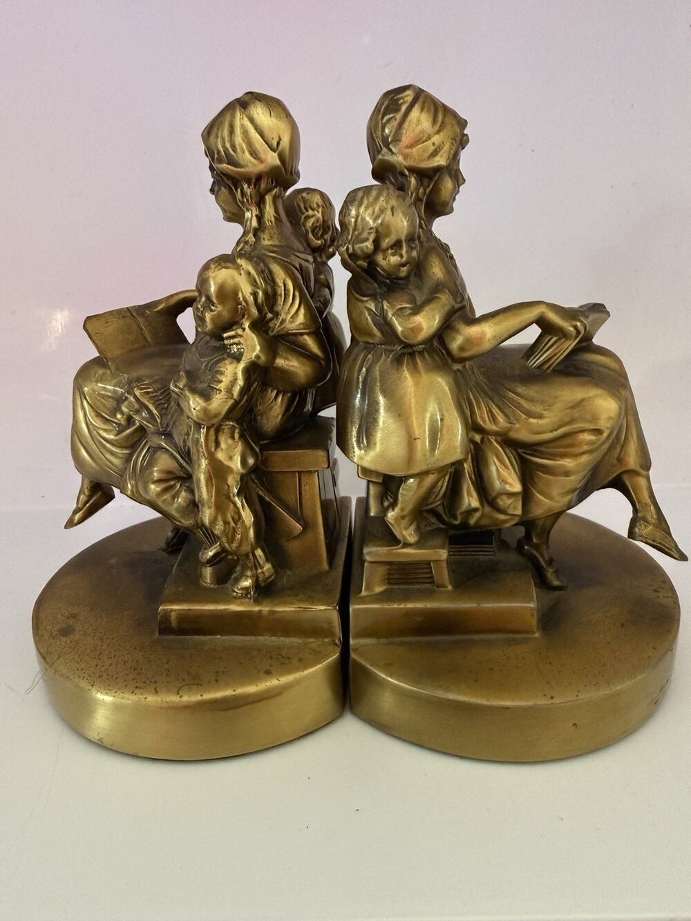 Vintage Heavy Brass The Colonial Mother Bookends by P.M. Craftsman 6” tall MCM